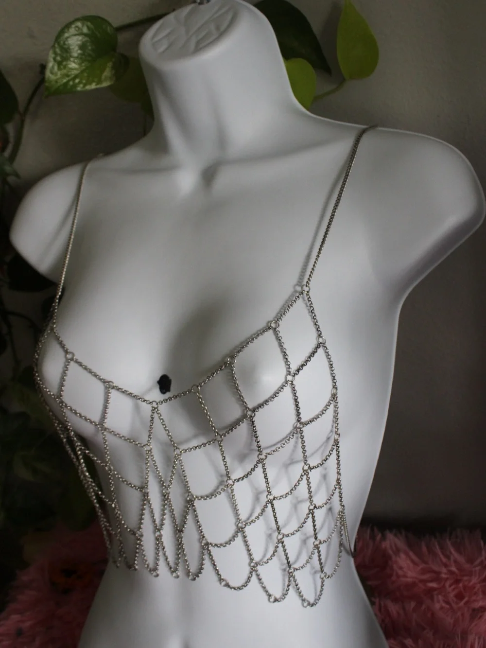 Silver Draped Chain Body Jewelry Bralette Top Statement Festival Piece MSRP $88
